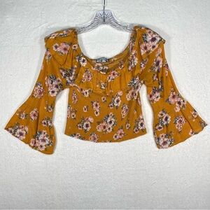 Crave‎ Fame Sz Large Floral Top Balloon 3/4 Sleeve Smock Waist Boho Summer
